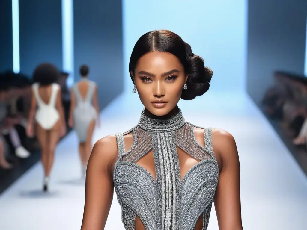 Desfile de moda inclusivo: diversidad y estilo en la pasarela Desfile de moda inclusiva con modelos diversos en una pasarela futurista