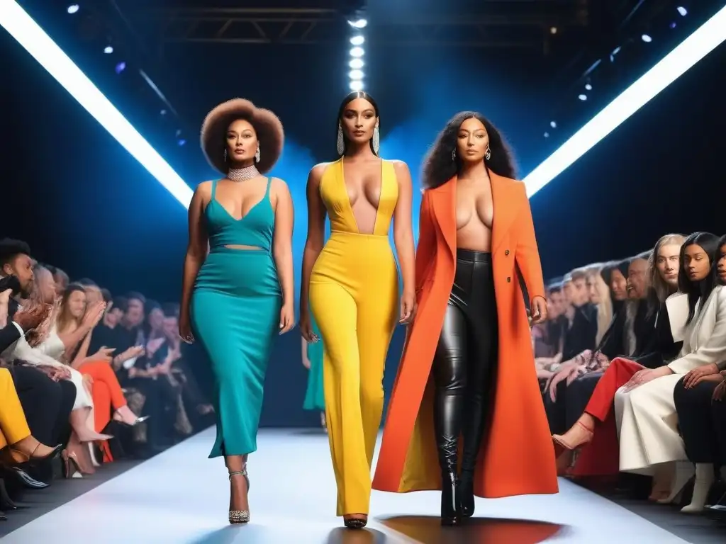 Diversidad y estilo en la pasarela: moda inclusiva en acción Desfile de moda inclusiva con modelos diversos luciendo prendas trendy en una pasarela brillante