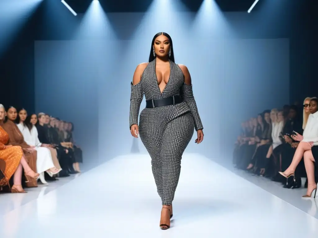 Desfile de moda inclusiva: belleza diversa en la pasarela Desfile de moda inclusiva con modelos diversos en una pasarela futurista