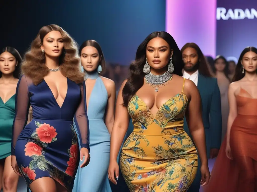 Desfile inclusivo y empoderado de moda plussize: diversidad en la pasarela Desfile de moda inclusiva: modelos de distintos cuerpos y etnias lucen diseños colaborativos en la pasarela