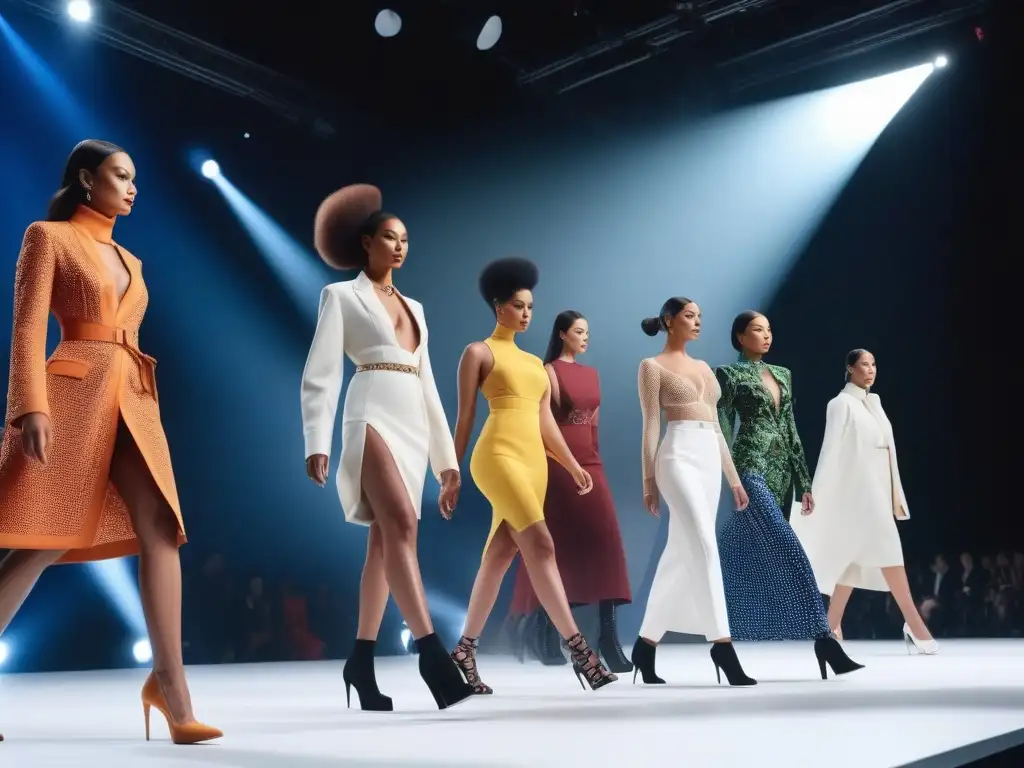 Desfile inclusivo: moda diversa y vanguardista en pasarela Un desfile de moda inclusiva con modelos de diversas etnias, edades y estilos, usando ropa de alta costura y street style, en una pasarela futurista