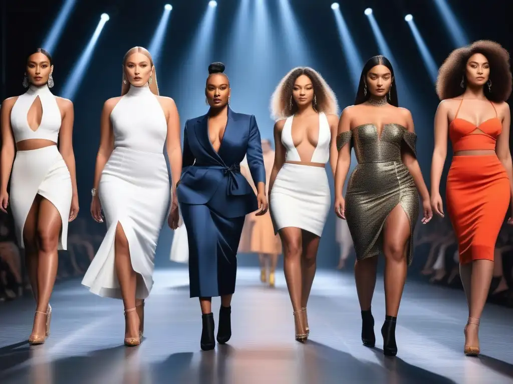 Diversidad y empoderamiento: Desfile de moda inclusivo Desfile de moda inclusiva con modelos de diversas etnias, tallas y edades, caminando con confianza por la pasarela luciendo diseños vanguardistas