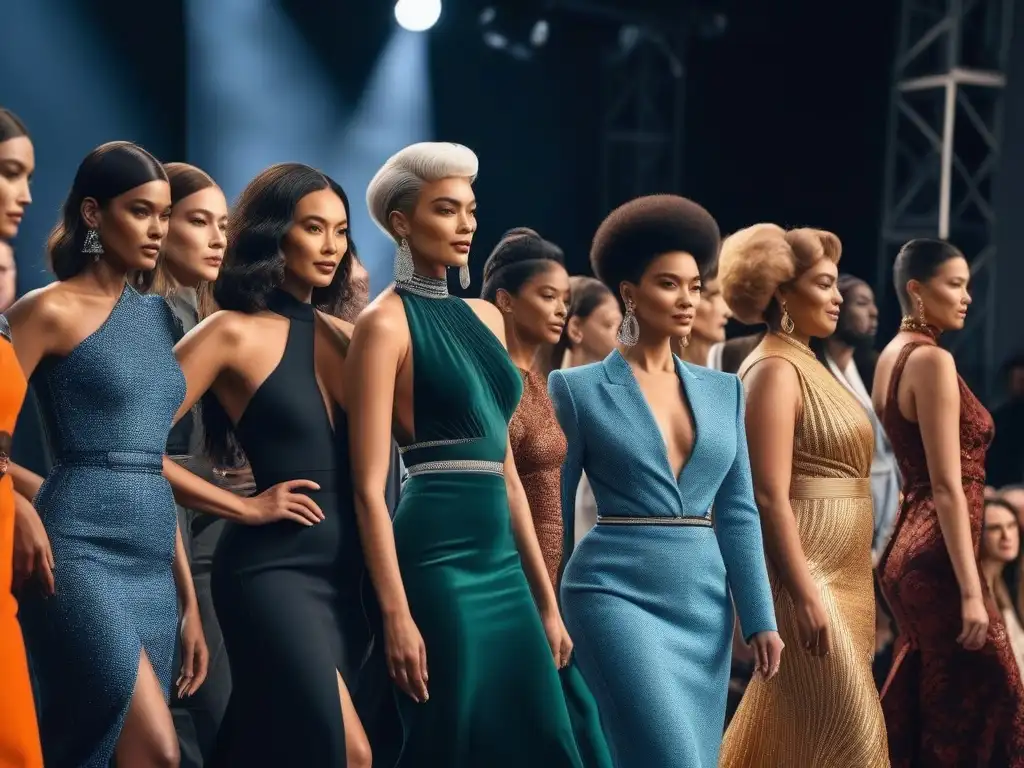 Desfile de moda inclusiva: diversidad, estilo y empoderamiento Desfile de moda inclusiva con modelos diversos en pasarela moderna y luminosa, mostrando tendencias moda inclusiva cuerpos diversos