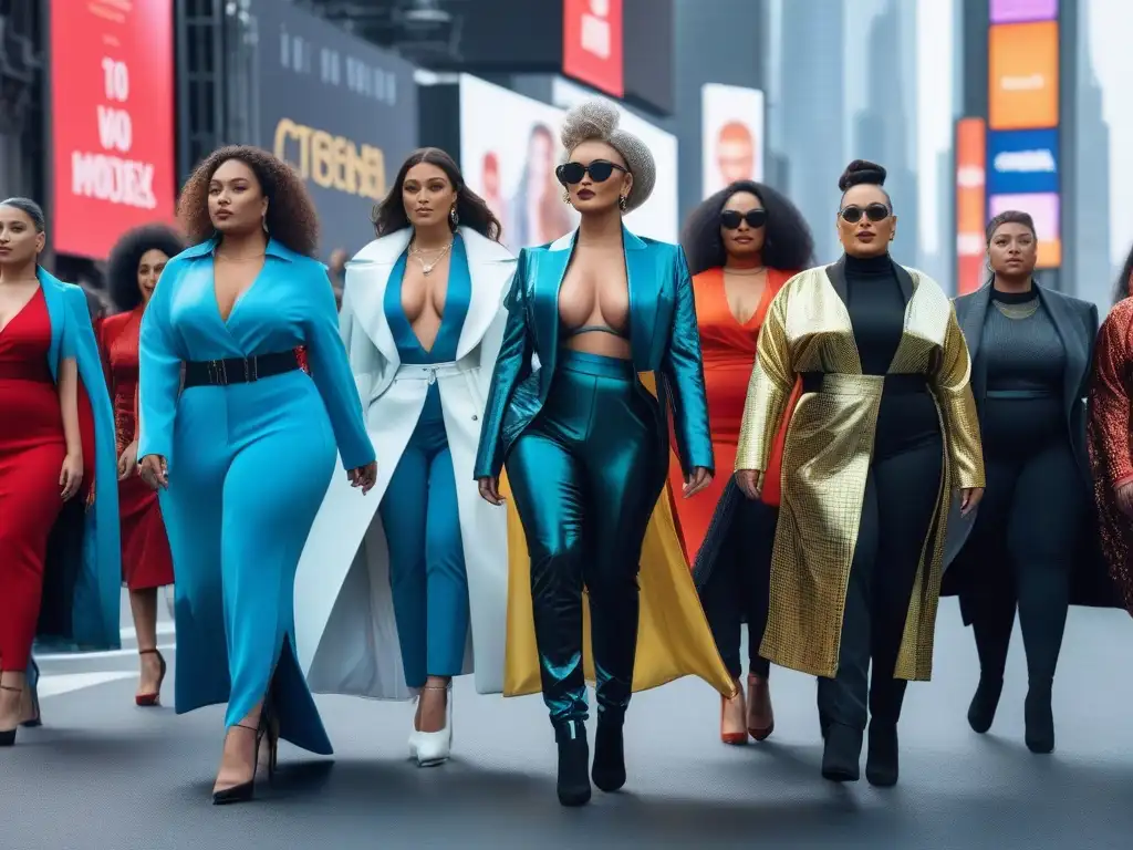 Desfile de moda inclusivo: diversidad y estilo en la pasarela del futuro Desfile de moda inclusiva con modelos diversos en una pasarela futurista