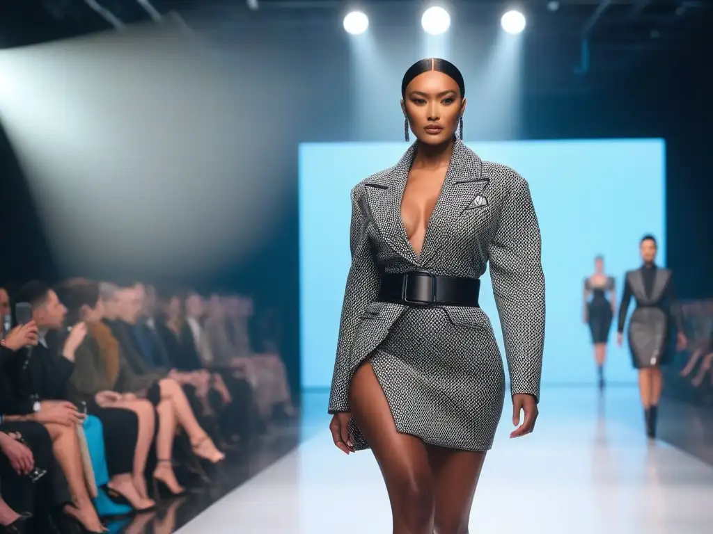 Desfile inclusivo de moda con modelos diversos en pasarela futurista Desfile de moda inclusiva con modelos diversos desfilando juntos en una pasarela, destacando la diversidad y la innovación en la industria de la moda