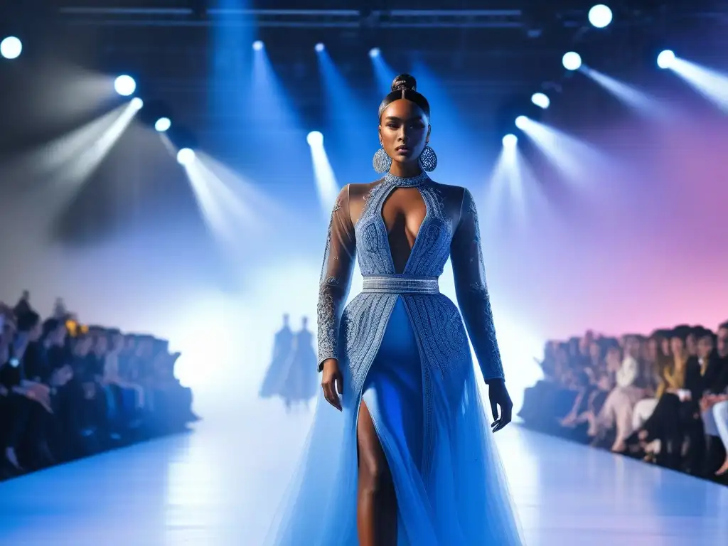 Desfile inclusivo: moda diversa en pasarela futurista Desfile de moda inclusiva con modelos diversos desfilando en una pasarela futurista, reflejando confianza y empoderamiento