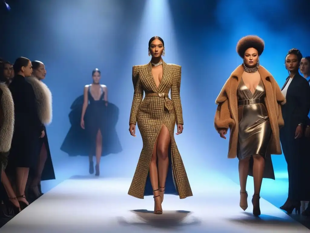 Desfile inclusivo: moda diversa en un escenario futurista Desfile de moda inclusiva con modelos de diferentes etnias y tipos de cuerpo luciendo diseños inclusivos y elegantes