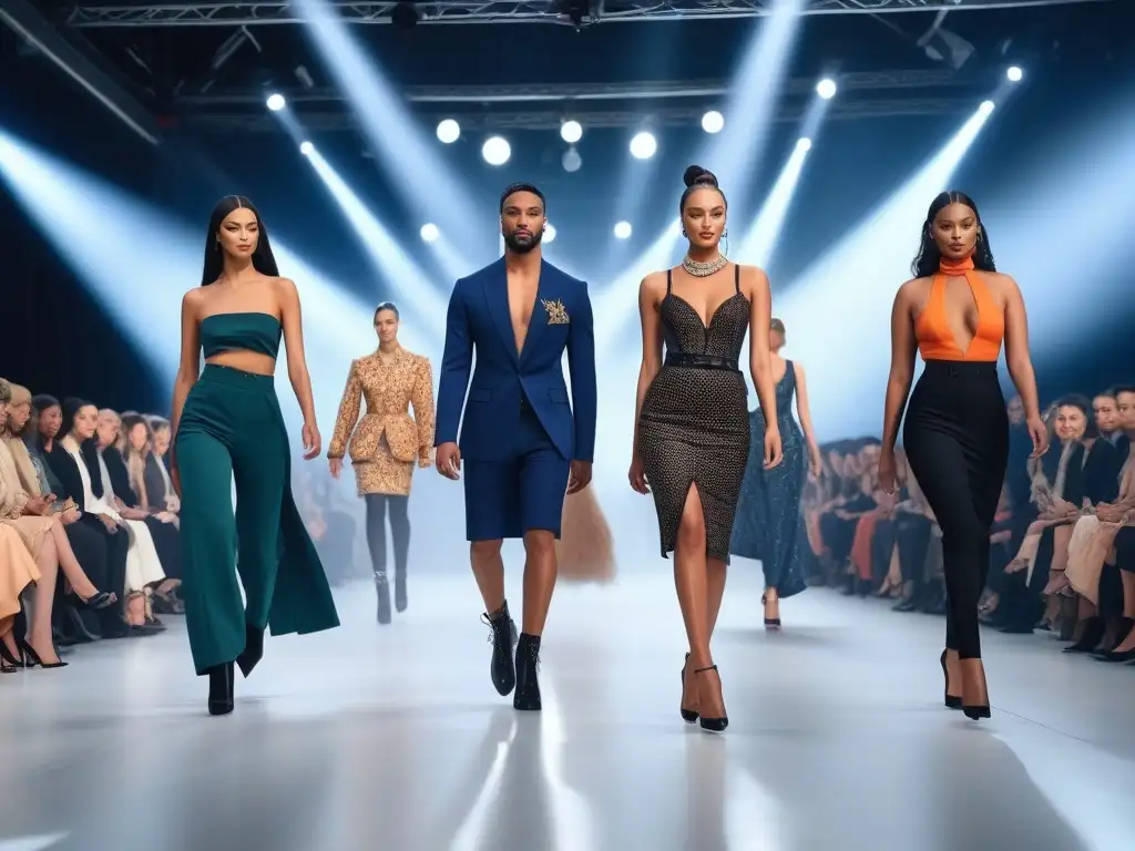Pasarela de moda inclusiva: diversidad y empoderamiento Desfile de moda inclusiva con modelos diversos exhibiendo empoderamiento y estilo en una pasarela moderna