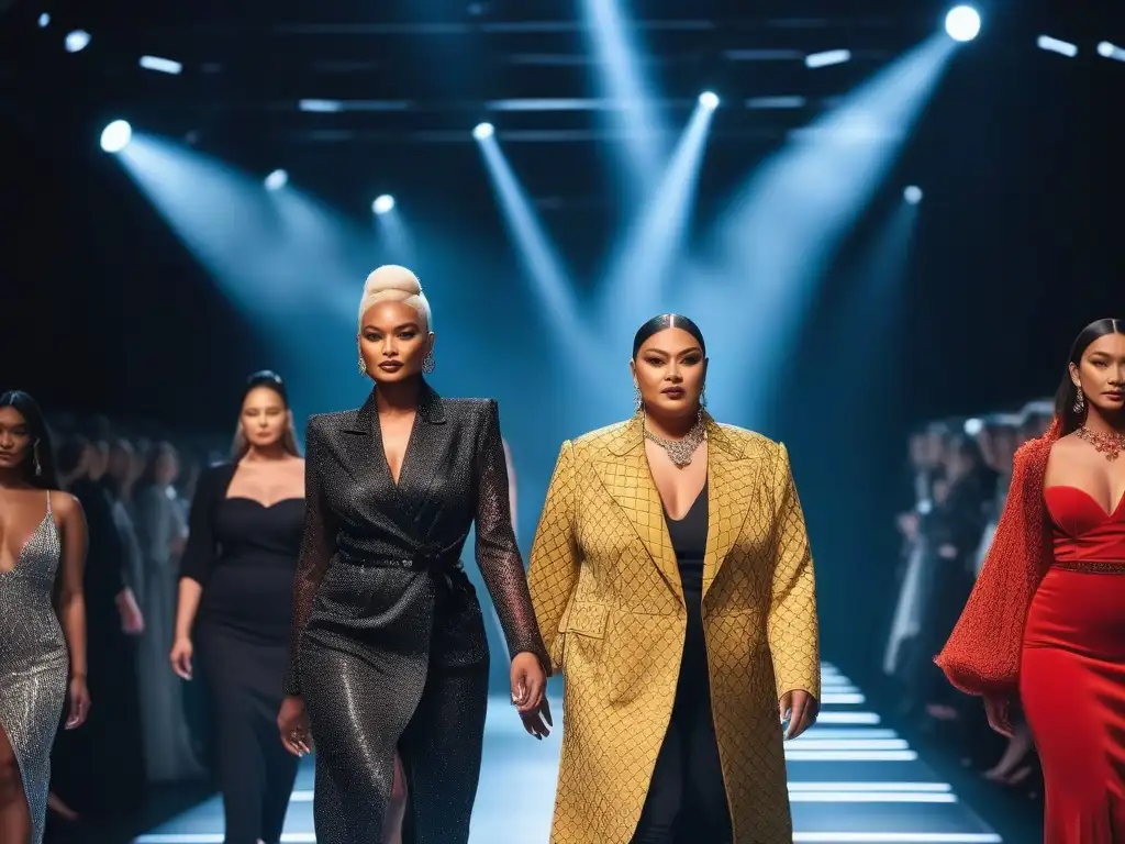 Desfile de moda inclusivo: diversidad y empoderamiento en la pasarela Desfile de moda inclusiva con modelos diversos caminando con confianza en una pasarela moderna y brillante