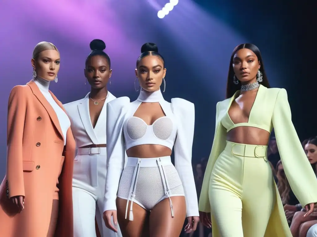 Desfile inclusivo de Fenty Beauty: diversidad y estilo en la pasarela Desfile de moda inclusiva de Fenty Beauty transformación con modelos diversos luciendo maquillaje y atuendos elegantes en una pasarela moderna y brillante