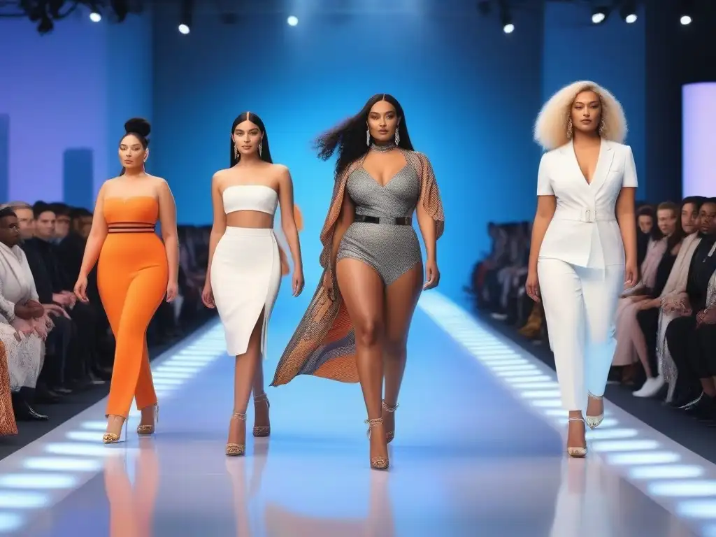 Desfile inclusivo: moda diversa y futurista Desfile de moda inclusiva con modelos diversos y adaptados, en una pasarela futurista