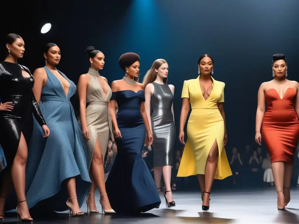 Pasarela de la diversidad: moda inclusiva en alta resolución Un desfile de moda inclusiva para todos con modelos de diversas edades, tallas y etnias, mostrando confianza y estilo