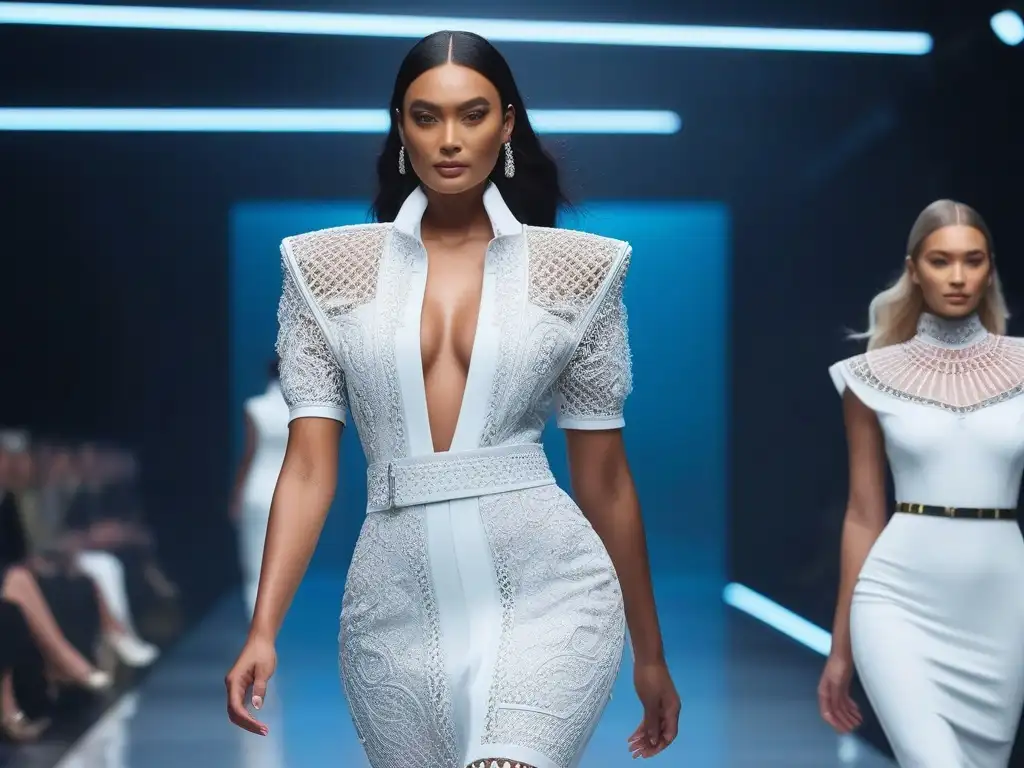 Desfile digital inclusivo: diversidad y estilo en la pasarela del futuro Desfile de moda inclusiva con modelos de tallas especiales en una pasarela digital futurista