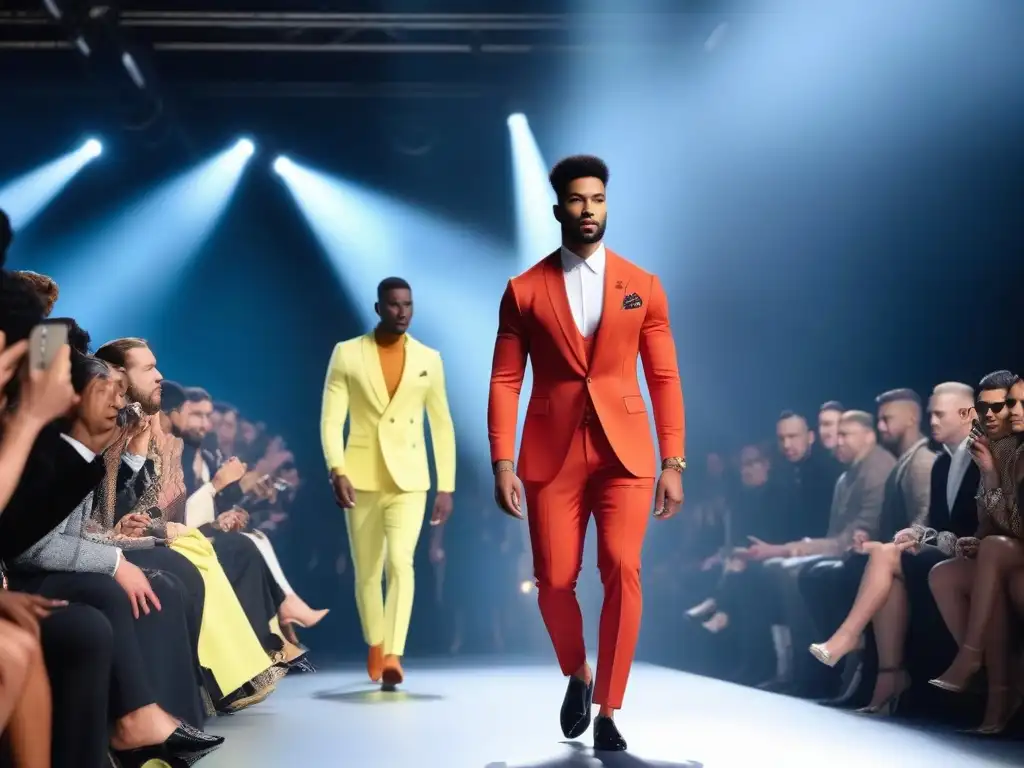 Desfile de moda masculina diverso y vanguardista Un desfile de moda inclusiva con modelos masculinos diversos en un escenario moderno y elegante