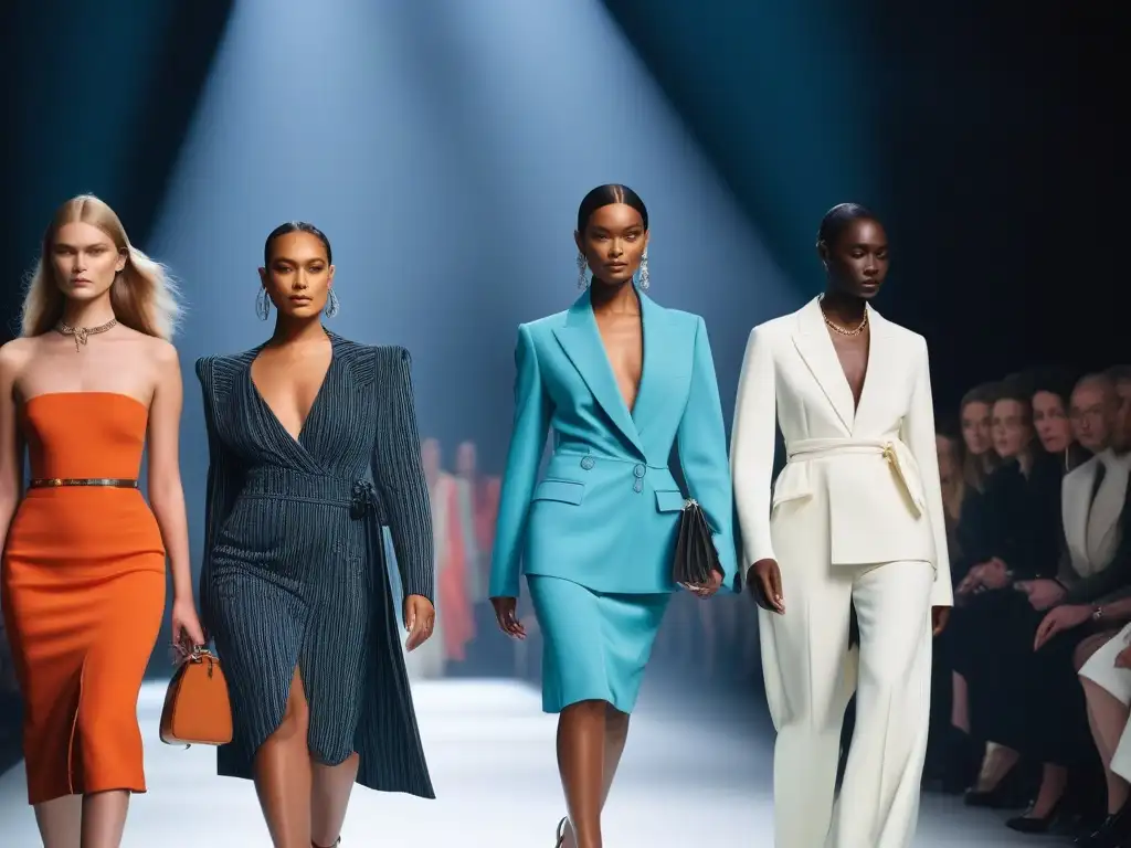 Desfile inclusivo de moda Celine: diversidad en la pasarela Desfile de moda inclusiva de Celine con modelos diversos caminando con confianza en una pasarela brillante y moderna