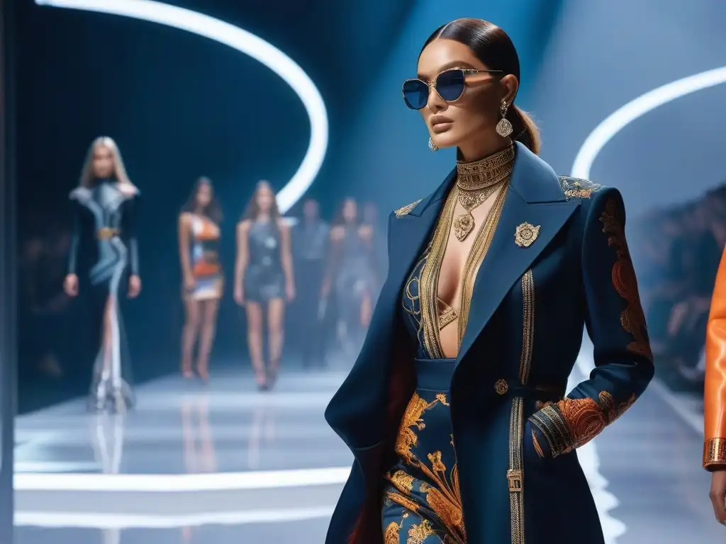 Desfile inclusivo de moda: diversidad y empoderamiento en Versace Desfile de moda inclusiva con modelos de todas las tallas y fondos, empoderados y seguros, en una pasarela vibrante y diversa