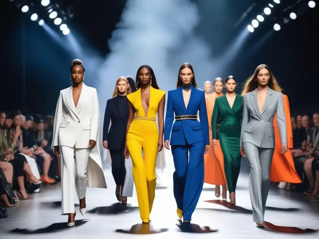 Desfile inclusivo: diversidad y elegancia en moda Stella McCartney Un desfile de moda inclusiva de Stella McCartney: modelos diversos desfilan con elegancia y empoderamiento en una pasarela moderna y futurista