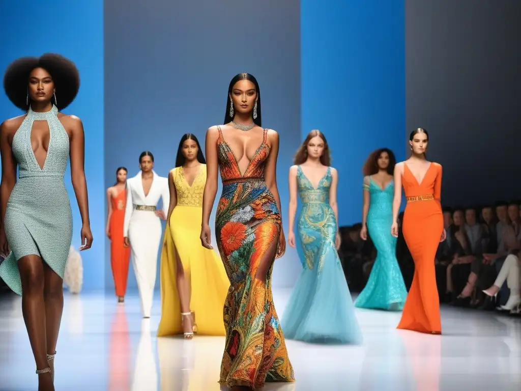 Desfile inclusivo de moda Versace: diversidad y empoderamiento Desfile de moda inclusiva con modelos de distintas etnias y tallas especiales, luciendo diseños versátiles y coloridos