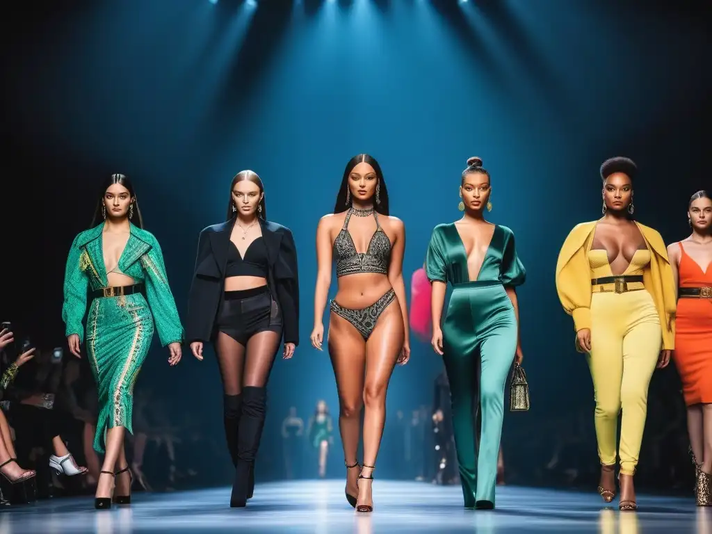 Desfile de moda inclusivo de Versace: diversidad de modelos en pasarela Desfile de moda inclusiva con modelos de diversas etnias, cuerpos y tallas especiales, luciendo diseños de Versace