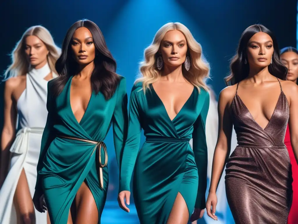 Desfile de moda diverso y inclusivo con vestidos Diane von Fürstenberg Desfile de moda inclusiva con modelos diversos luciendo vestidos de Diane von Fürstenberg en una pasarela moderna y luminosa