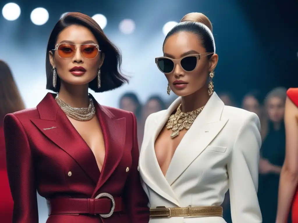 Desfile de moda inclusivo: modelos confiadas con accesorios de lujo Desfile de moda inclusiva con modelos de distintas edades, etnias y cuerpos, luciendo accesorios de lujo en una pasarela moderna y futurista