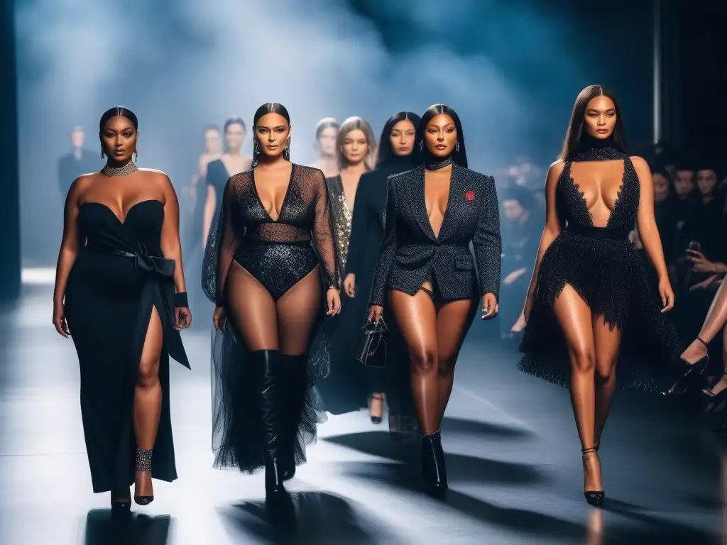 Desfile inclusivo de moda Tom Ford: diversidad en elegancia Desfile de moda inclusiva con modelos de todos los cuerpos y tallas luciendo diseños elegantes de Tom Ford