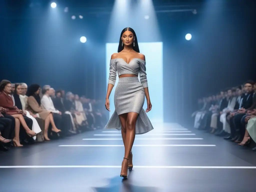 Desfile inclusivo de moda futurista: diversidad y empoderamiento Desfile de moda inclusiva con modelos diversos caminando con confianza en pasarela futurista, tejidos adaptativos