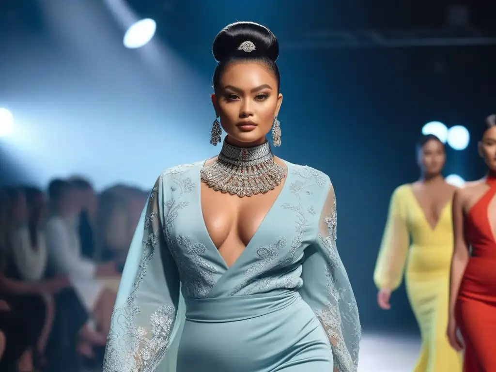 Pasarela multicultural: moda inclusiva para todos Desfile de moda inclusiva con modelos de distintas etnias y tallas desfilando con confianza en una pasarela moderna y brillante