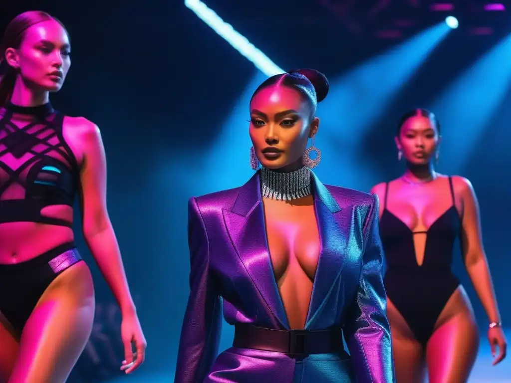 Desfile inclusivo de moda futurista con IA Desfile de moda inclusiva con modelos de diferentes etnias, cuerpos y habilidades luciendo prendas innovadoras creadas con inteligencia artificial