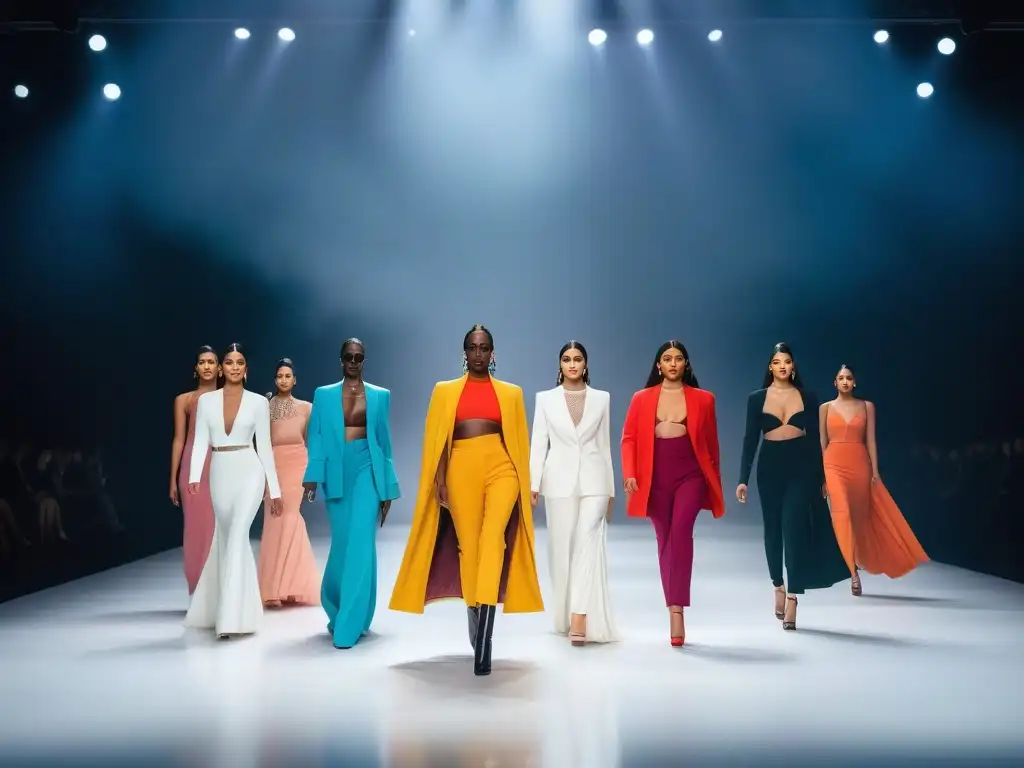 Desfile de moda inclusiva: diversidad y estilo en la pasarela Desfile de moda inclusiva con modelos diversos exhibiendo piezas modernas y elegantes en una pasarela minimalista