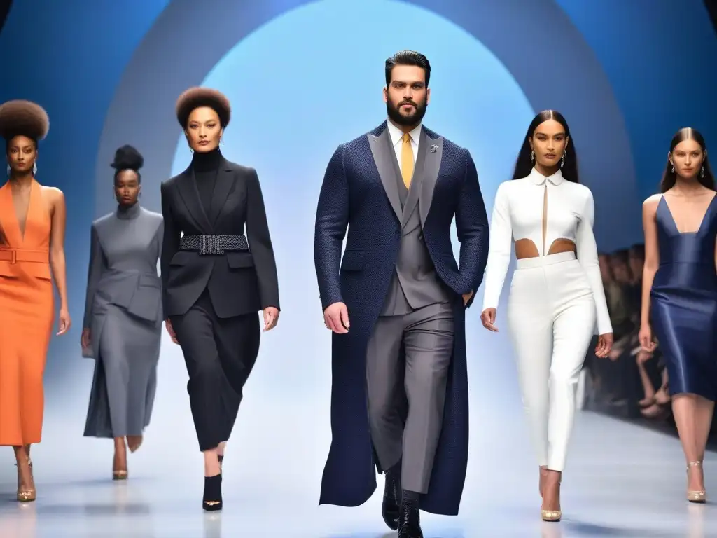 Desfile futurista: moda inclusiva con telas adaptativas Desfile de moda inclusiva con modelos de diversas edades, géneros y etnias luciendo Tejidos Adaptativos en Moda Inclusiva
