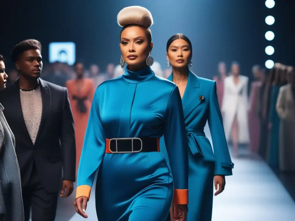 Desfile de moda inclusivo: diversidad y estilo en la pasarela Desfile de moda inclusiva con modelos de todas las edades, tallas y etnias, en un escenario futurista y elegante