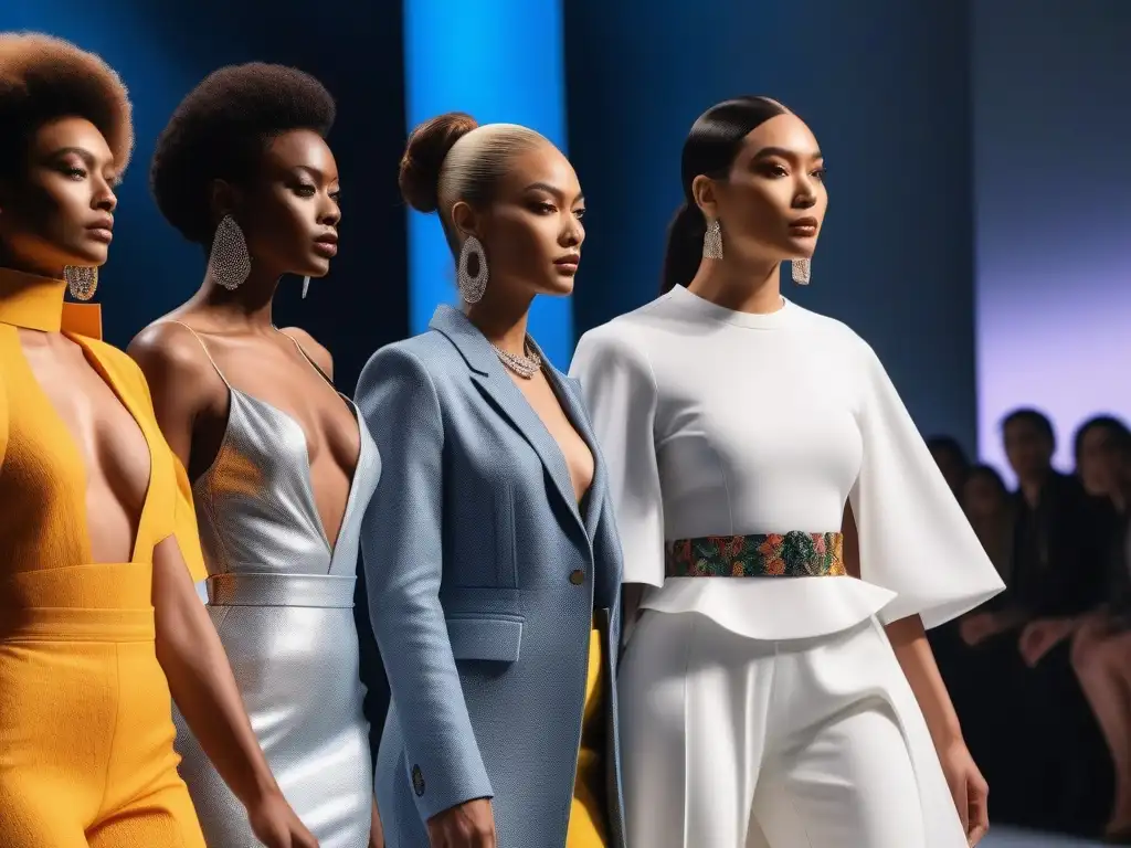 Desfile de moda inclusivo: diversidad y estilo en la pasarela Desfile de moda inclusiva con modelos diversos caminando con confianza en una pasarela moderna, iluminada por luces brillantes y un público admirado