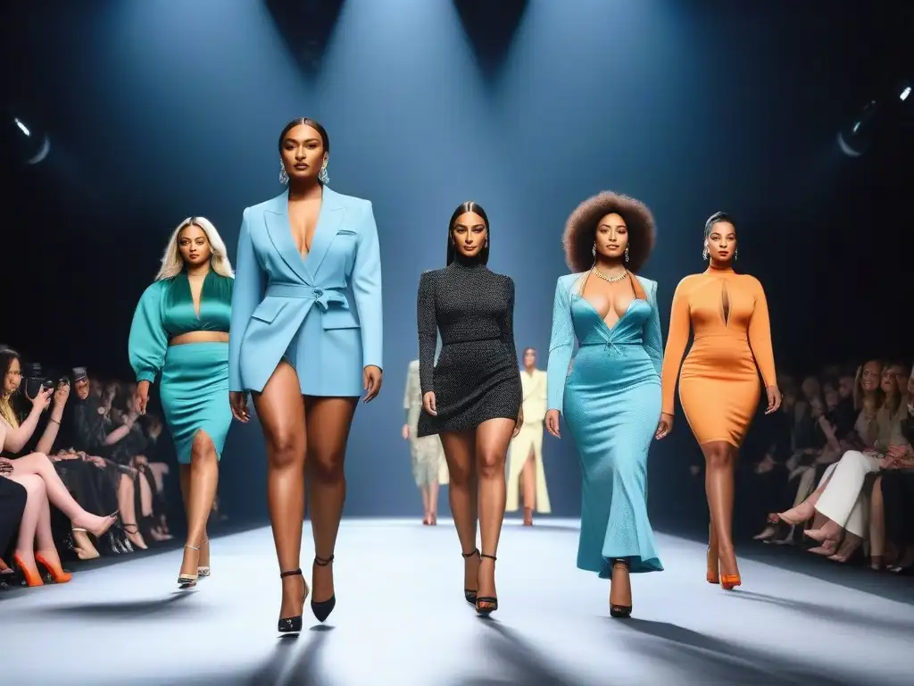 Desfile de moda inclusivo: diversidad y empoderamiento en la pasarela Desfile de moda inclusiva con modelos diversos, tallas especiales y estilo único en pasarela brillante