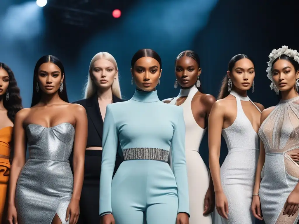 Desfile inclusivo: moda diversa y empoderada Desfile de moda inclusiva con modelos diversos exhibiendo confianza y estilo en una pasarela futurista
