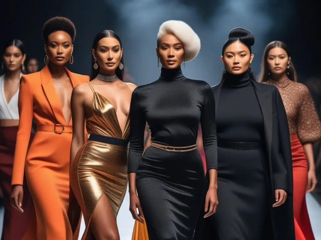 Desfile de moda inclusivo: diversidad de estilos en pasarela Desfile de moda inclusiva con modelos de diversas edades, etnias y cuerpos, mostrando piezas trendy en una pasarela minimalista