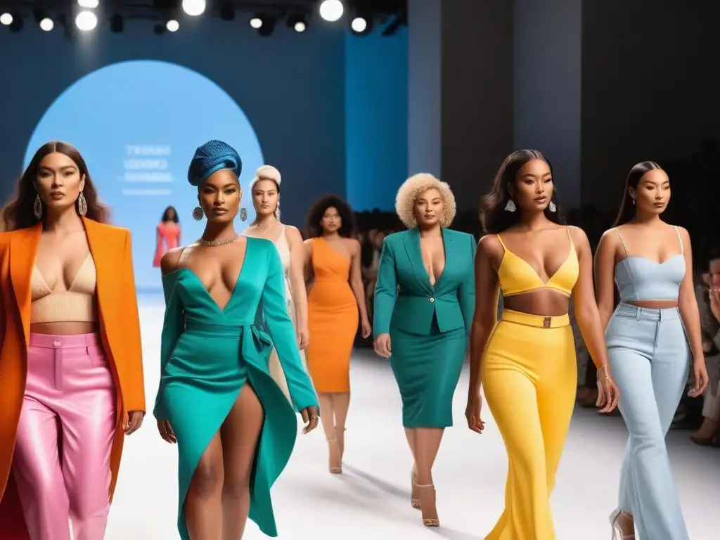 Desfile inclusivo: moda diversa y empoderada en la pasarela Desfile de moda inclusiva con modelos diversos caminando con confianza en una pasarela, audiencia variada aplaude