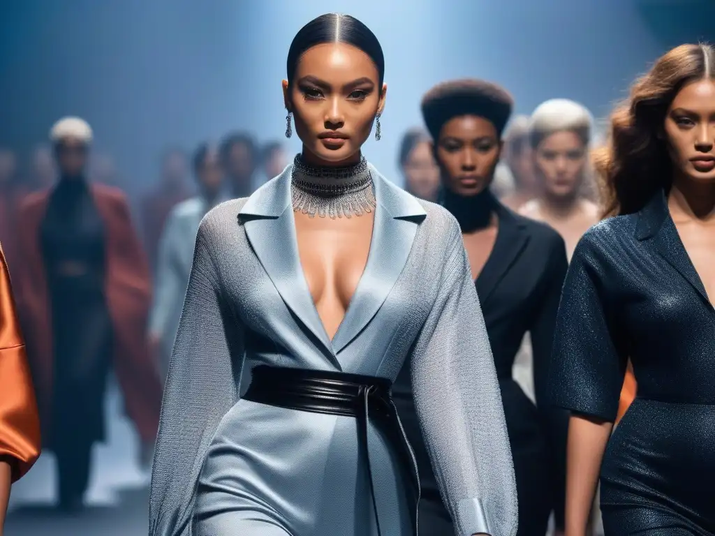 Desfile de moda inclusivo: diversidad y confianza en la pasarela futurista Desfile de moda inclusiva con modelos diversos, luciendo prendas modernas en una pasarela futurista