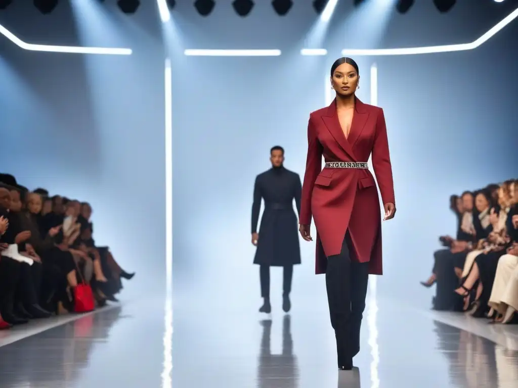 Desfile de moda inclusivo con modelos diversos en pasarela futurista Desfile de moda inclusiva con modelos diversos caminando seguros en una pasarela futurista