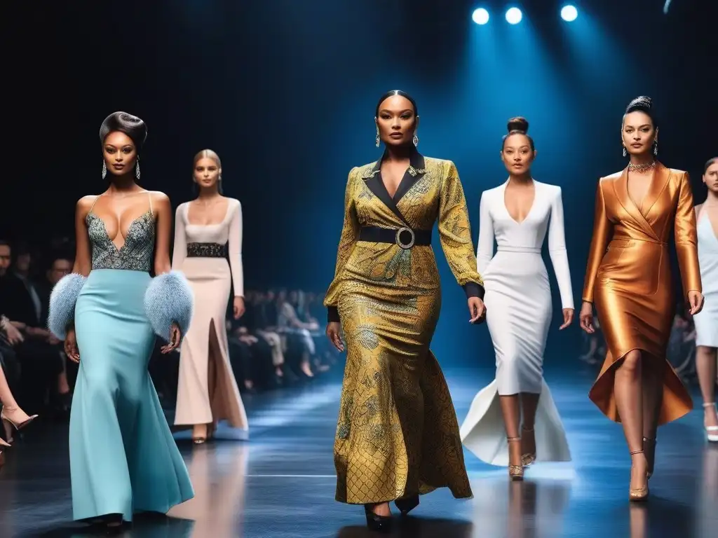 Desfile de moda inclusivo con modelos de todas las edades, tallas y etnias Desfile de moda inclusiva con modelos diversos empoderados en la pasarela, representando la inclusión en la economía global de la moda