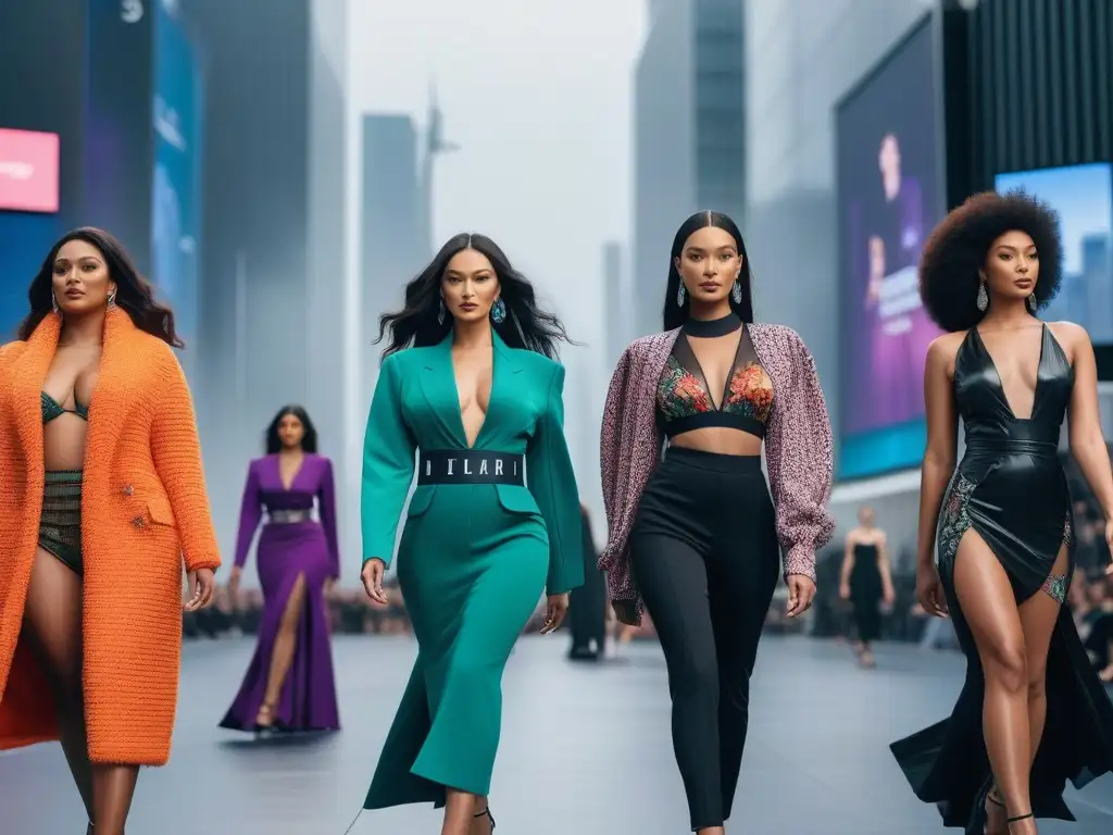 Desfile de moda inclusivo en ciudad futurista Desfile de moda inclusiva con modelos diversos, luciendo prendas elegantes en pasarela futurista