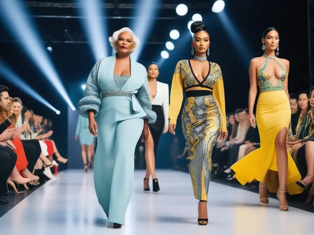 Desfile de moda inclusivo y diverso en ambiente futurista Desfile de moda inclusiva con modelos diversos caminando con confianza en una pasarela futurista