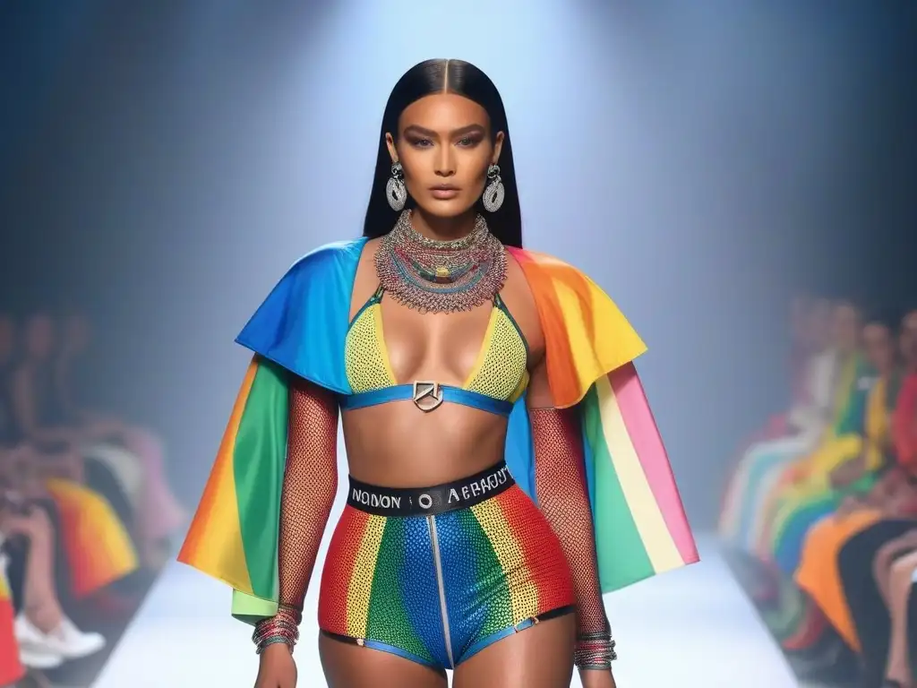 Desfile de moda LGBTQ+ vibrante y moderno Desfile de moda inclusiva para LGBTQ+ con modelos desfilando con confianza en diseños vanguardistas y neutros en género, mientras la audiencia diversa celebra la individualidad y autoexpresión