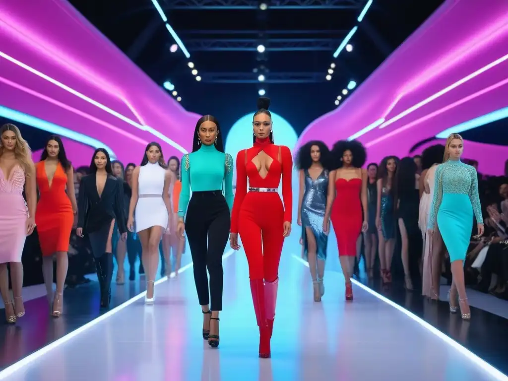 Desfile inclusivo de moda: diversidad en la pasarela futurista Desfile de moda inclusiva en televisión: modelos diversos caminan con confianza en una pasarela futurista iluminada con neones, de fondo una ciudad moderna