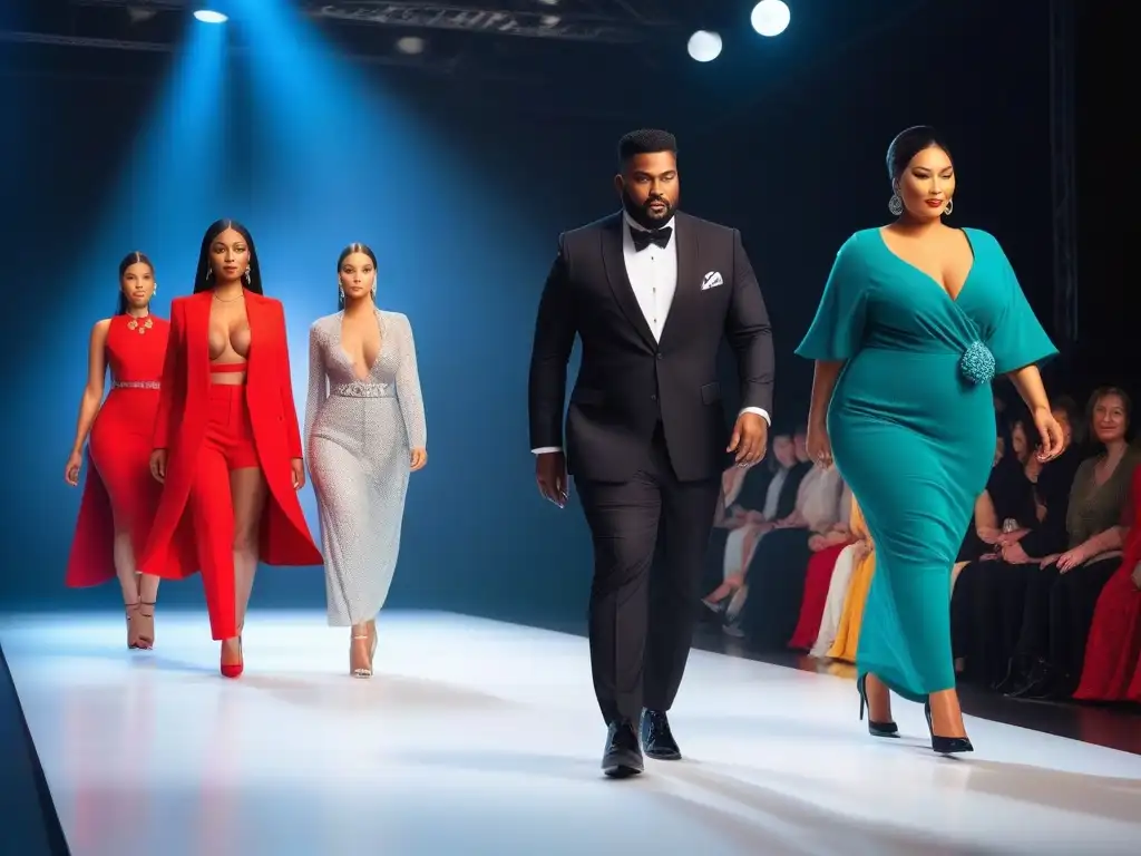 Pasarela inclusiva: diversidad y elegancia en la moda Desfile de moda inclusiva con modelos de diferentes tallas y etnias caminando con seguridad por la pasarela, irradiando confianza y elegancia