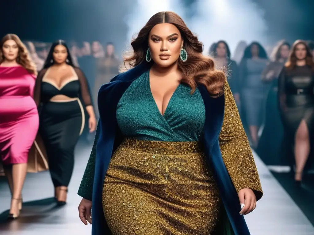 Desfile de moda plussize: diversidad y estilo en la pasarela Un desfile de moda plus size inclusiva, con modelos seguras y trendy, en una atmósfera vibrante y celebratoria