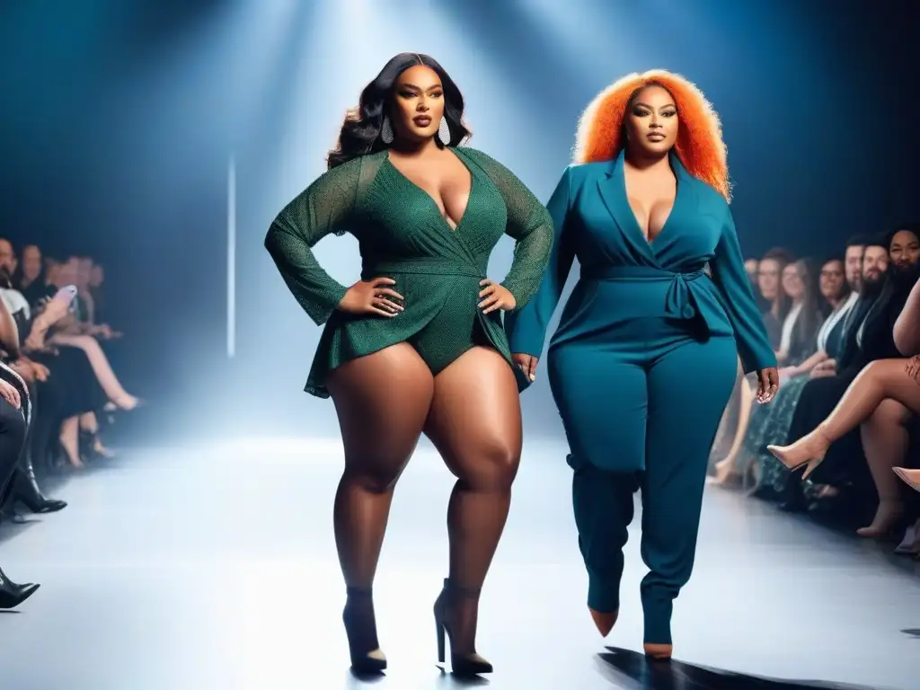 Desfile de moda plussize: empoderamiento y diversidad Desfile de moda plus size inclusiva con modelos seguras y empoderadas luciendo diseños inclusivos y modernos en una pasarela glamurosa