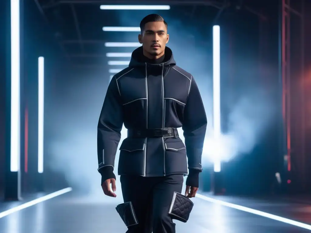 Desfile inclusivo de moda adaptativa en pasarela futurista Desfile de moda inclusiva con modelos diversos y ropa adaptativa innovadora en pasarela futurista