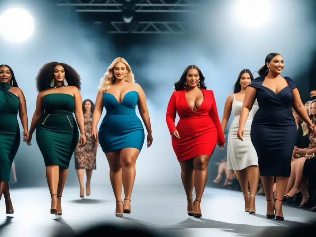 Desfile empoderado: modelos plus size rompen estereotipos Un desfile de moda plus size inclusiva con modelos seguras y modernas, rompiendo estereotipos en una pasarela llena de diversidad y empoderamiento