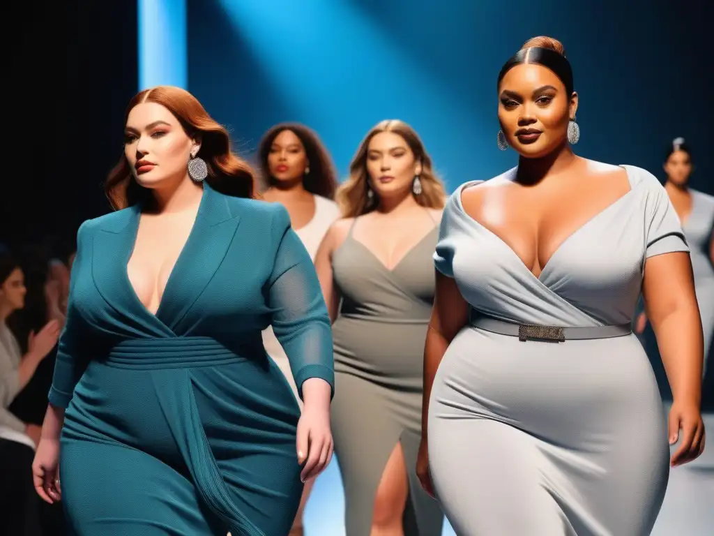 Desfile de modelos de tallas grandes: inclusión y empoderamiento en la moda Un desfile de moda plus size inclusiva con modelos seguras y diversas, mostrando poder y estilo en la pasarela